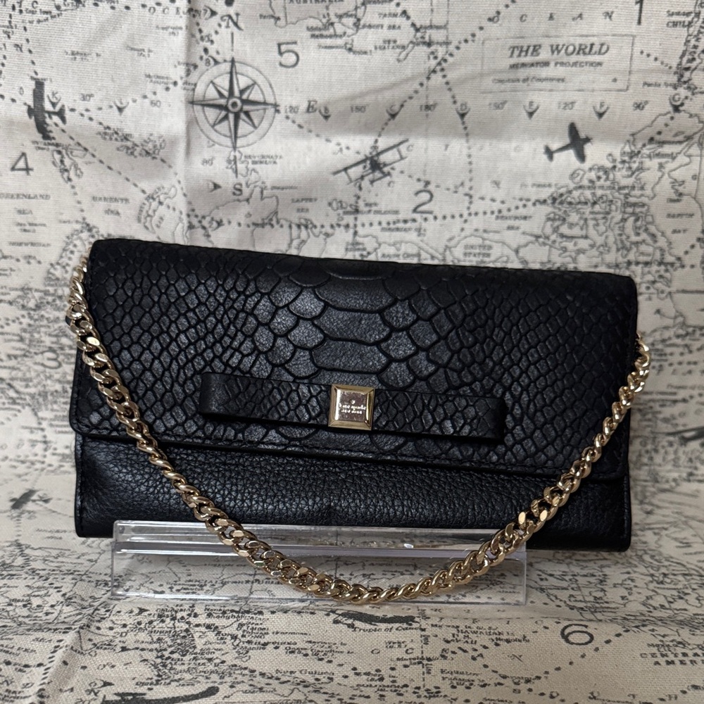 Kate Spade Chic Black Textured Clutch with Gold Chain